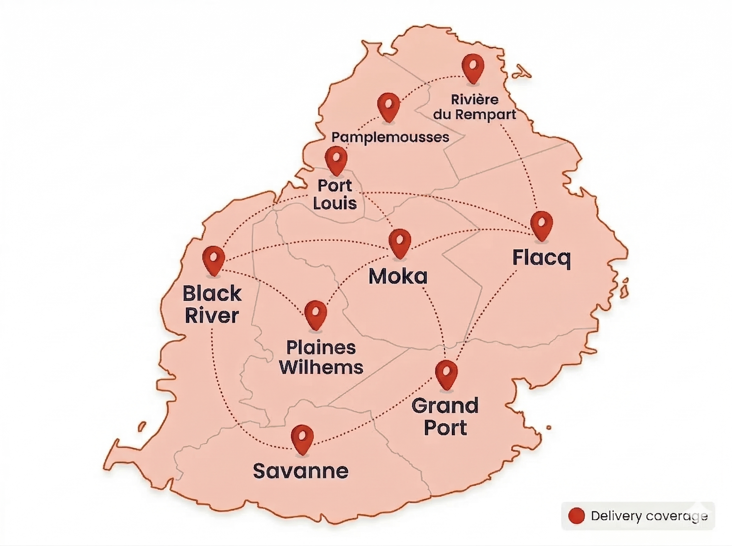 Rapido delivery coverage map of Mauritius — all 9 districts